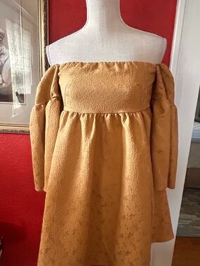 Womens Mustard Off-Shoulder Dress with Puff Sleeves by Blue Tassel size XS